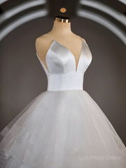 Wedding Dress With Straps, A-Line/Princess V-neck Floor-Length Tulle Wedding Dresses with Ruffles