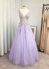 Party Dresse Idea, A-line/Princess V Neck Long/Floor-Length Tulle Prom Dress With Beading Sequins