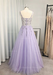 Party Dresses Idea, A-line/Princess V Neck Long/Floor-Length Tulle Prom Dress With Beading Sequins