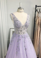 Party Dresses Ideas, A-line/Princess V Neck Long/Floor-Length Tulle Prom Dress With Beading Sequins