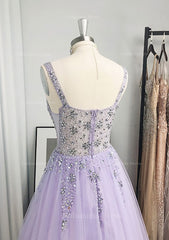 Party Dress A Line, A-line/Princess V Neck Long/Floor-Length Tulle Prom Dress With Beading Sequins