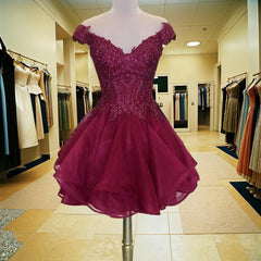 Prom Dresses Sleeves, A-Line/Princess V-neck Short/Mini Organza Homecoming Dresses With Beading