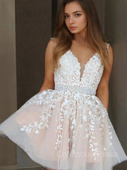Prom Dress Long With Slit, A-Line/Princess V-neck Short/Mini Tulle Homecoming Dresses With Appliques Lace