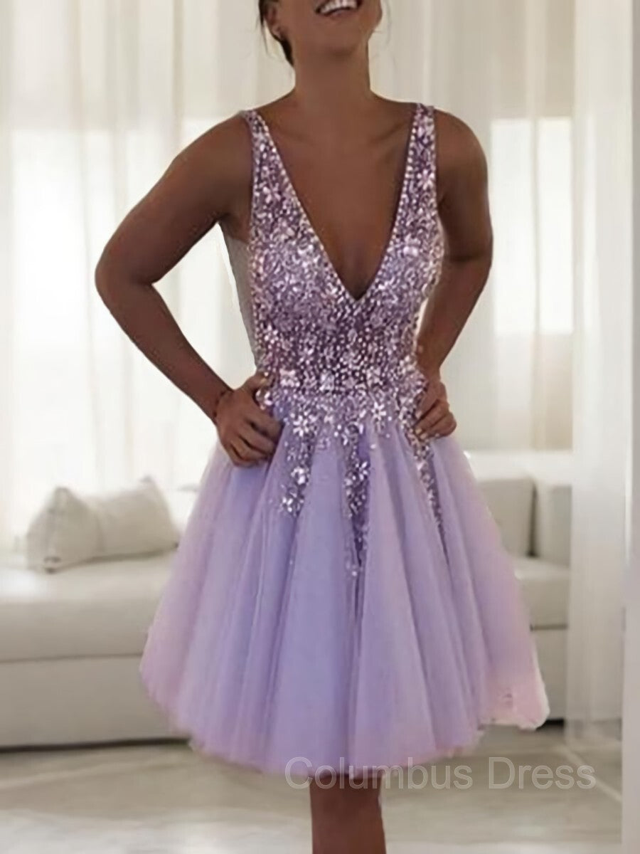 Prom Dress With Tulle, A-Line/Princess V-neck Short/Mini Tulle Homecoming Dresses With Beading