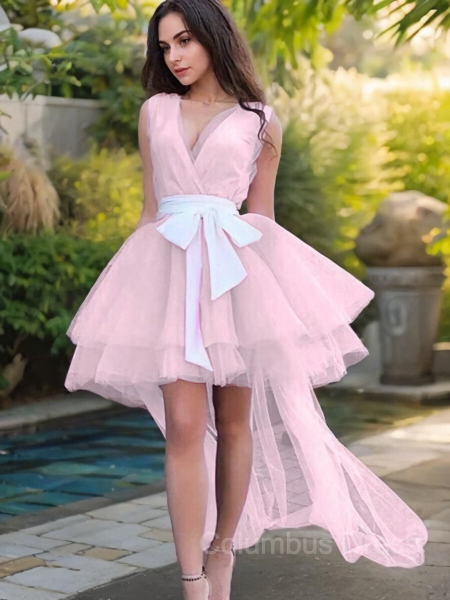 Prom Dresses Champagne, A-Line/Princess V-neck Short/Mini Tulle Homecoming Dresses With Belt/Sash