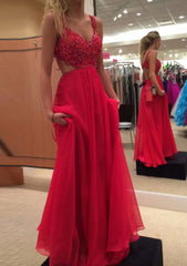 Bridesmaid Dress With Sleeves, A-line/Princess V Neck Sleeveless Long/Floor-Length Chiffon Prom Dress With Lace Beading