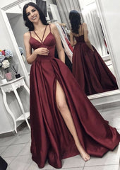 Senior Prom Dress, A-line/Princess V Neck Sleeveless Long/Floor-Length Elastic Satin Evening Dress With Split Pleated