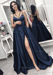 Elegant Gown, A-line/Princess V Neck Sleeveless Long/Floor-Length Elastic Satin Evening Dress With Split Pleated