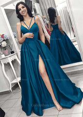 Flowy Prom Dress, A-line/Princess V Neck Sleeveless Long/Floor-Length Elastic Satin Evening Dress With Split Pleated