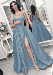 Dream Dress, A-line/Princess V Neck Sleeveless Long/Floor-Length Elastic Satin Evening Dress With Split Pleated