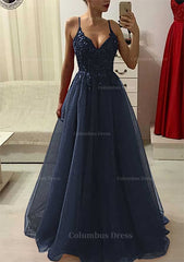 Bridesmaid Dress Style Long, A-line/Princess V Neck Sleeveless Long/Floor-Length Prom Dress With Appliqued Beading