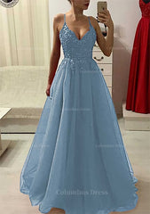 Bridesmaid Dress Beach, A-line/Princess V Neck Sleeveless Long/Floor-Length Prom Dress With Appliqued Beading