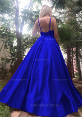Dress To Impression, A-line/Princess V Neck Sleeveless Long/Floor-Length Satin Prom Dress