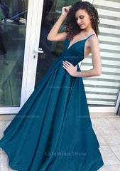 Short Dress Style, A-line/Princess V Neck Sleeveless Long/Floor-Length Satin Prom Dress