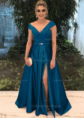 Bridesmaids Dress Burgundy, A-line/Princess V Neck Sleeveless Long/Floor-Length Satin Prom Dress With Split Beading