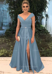 Bridesmaid Dress Burgundy, A-line/Princess V Neck Sleeveless Long/Floor-Length Satin Prom Dress With Split Beading