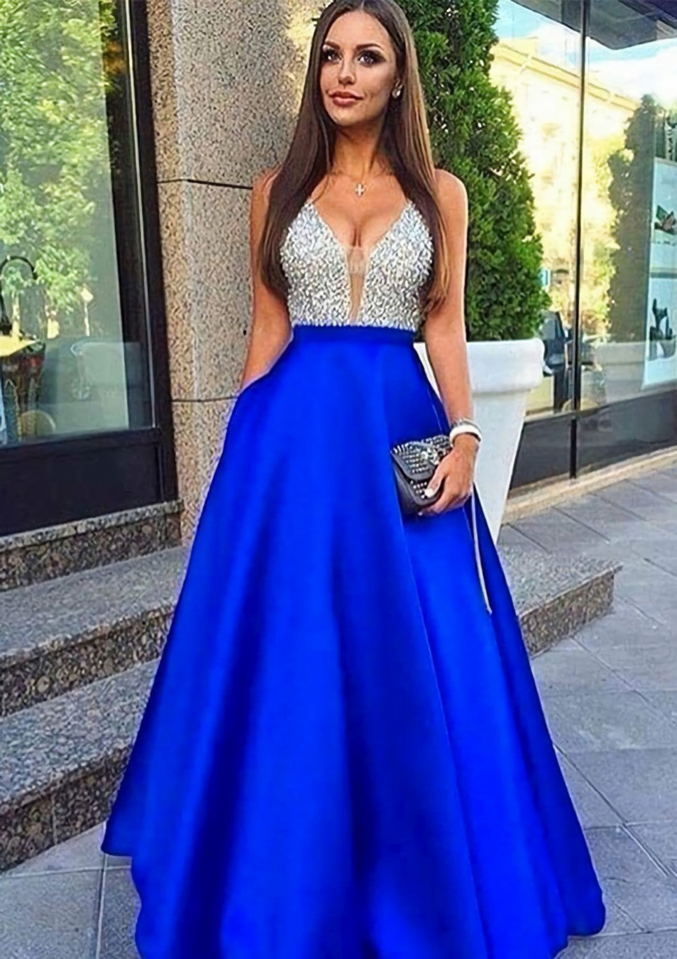 Prom Dress Long With Sleeves, A-line/Princess V Neck Sleeveless Long/Floor-Length Satin Prom Dresses With Sequins