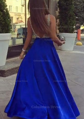 Prom Dresses Long With Sleeves, A-line/Princess V Neck Sleeveless Long/Floor-Length Satin Prom Dresses With Sequins