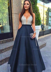 Prom Dress Long Mermaid, A-line/Princess V Neck Sleeveless Long/Floor-Length Satin Prom Dresses With Sequins