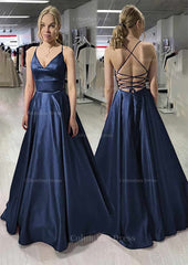 Homecomming Dress Black, A-line/Princess V Neck Sleeveless Satin Long/Floor-Length Prom Dress