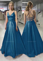 Homecoming Dress Black, A-line/Princess V Neck Sleeveless Satin Long/Floor-Length Prom Dress