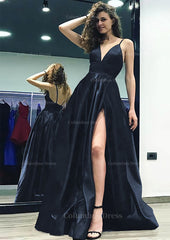 Prom Dresses 2052 Black Girl, A-line/Princess V Neck Sleeveless Sweep Train Satin Prom Dress With Split