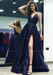 Prom Dress Ideas Black Girl, A-line/Princess V Neck Sleeveless Sweep Train Satin Prom Dress With Split