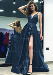 Prom Dress Two Piece, A-line/Princess V Neck Sleeveless Sweep Train Satin Prom Dress With Split