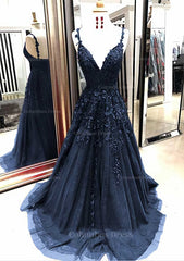 Bridesmaid Dresses Mismatched Colors, A-line/Princess V Neck Sleeveless Sweep Train Tulle Prom Dress With Appliqued