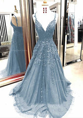 Bridesmaid Dress Shop, A-line/Princess V Neck Sleeveless Sweep Train Tulle Prom Dress With Appliqued