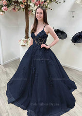 Bridesmaids Dress Colors, A-line Princess V Neck Sleeveless Sweep Train Tulle Prom Dress With Appliqued Beading Lace