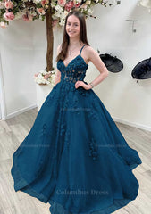 Bridesmaids Dresses Colorful, A-line Princess V Neck Sleeveless Sweep Train Tulle Prom Dress With Appliqued Beading Lace