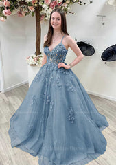 Bridesmaid Dresses Colors, A-line Princess V Neck Sleeveless Sweep Train Tulle Prom Dress With Appliqued Beading Lace