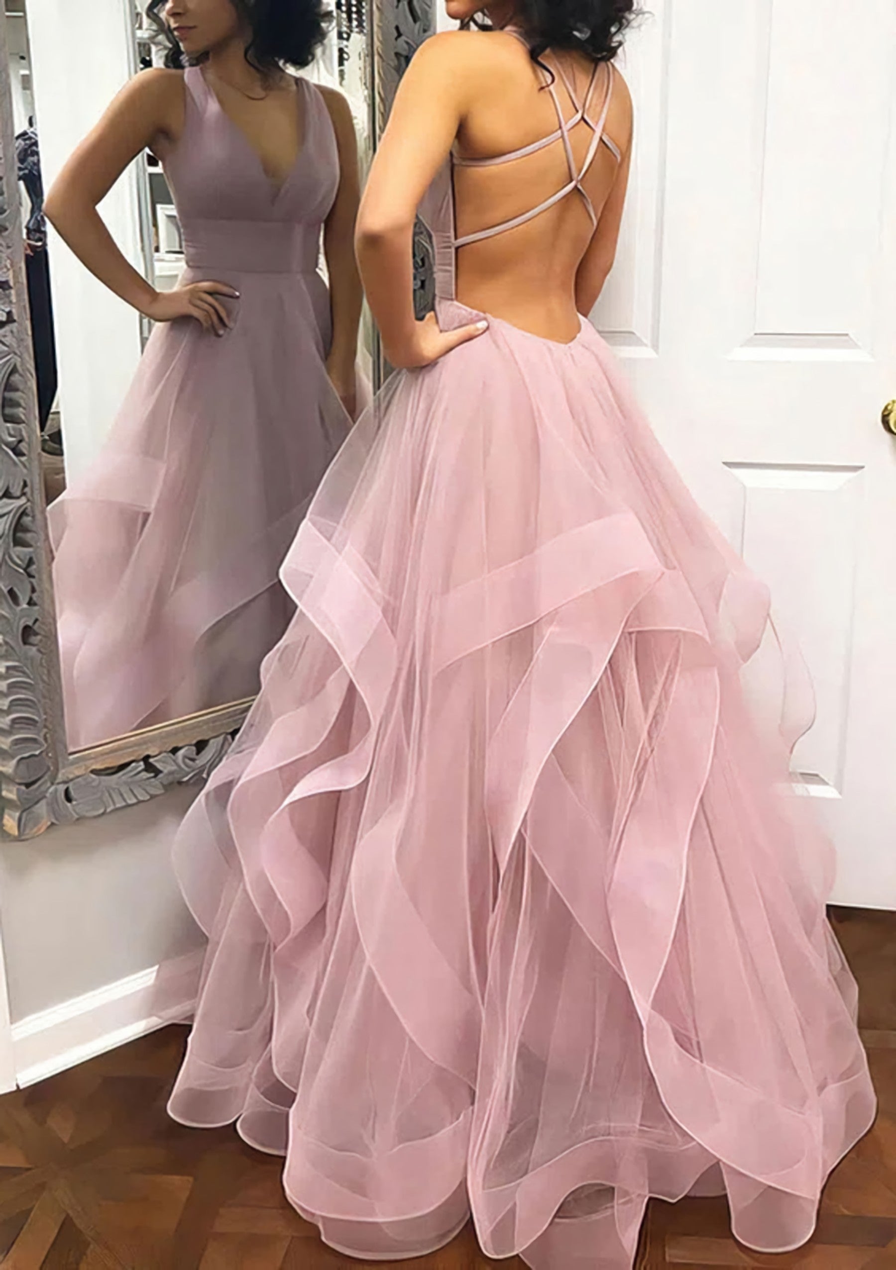Prom Dress2024, A-line Princess V Neck Sleeveless Tulle Long/Floor-Length Prom Dress With Pleated