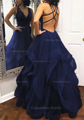 Prom Dressed 2024, A-line Princess V Neck Sleeveless Tulle Long/Floor-Length Prom Dress With Pleated
