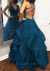 Prom Dresses2024, A-line Princess V Neck Sleeveless Tulle Long/Floor-Length Prom Dress With Pleated