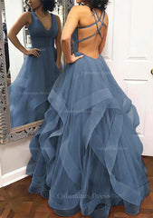 Prom Dresse 2024, A-line Princess V Neck Sleeveless Tulle Long/Floor-Length Prom Dress With Pleated