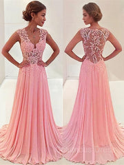Prom Dresses For Brunettes, A-Line/Princess V-neck Sweep Train Chiffon Prom Dresses With Appliques Lace
