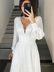 Wedding Dress On Sale, A-Line/Princess V-neck Sweep Train Chiffon Wedding Dresses