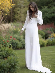 Wedding Dress White, A-Line/Princess V-neck Sweep Train Chiffon Wedding Dresses