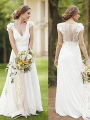 Wedding Dresses Costs, A-Line/Princess V-neck Sweep Train Chiffon Wedding Dresses