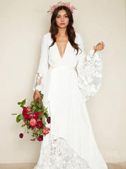 Wedding Dress Diet, A-Line/Princess V-neck Sweep Train Chiffon Wedding Dresses With Belt/Sash