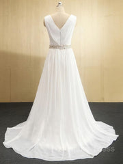 Wedding Dress Uk, A-Line/Princess V-neck Sweep Train Chiffon Wedding Dresses With Leg Slit
