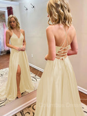Bridesmaids Dress Under 125, A-Line/Princess V-neck Sweep Train Elastic Woven Satin Evening Dresses With Leg Slit