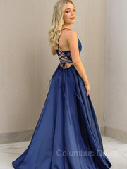 Evening Dresses For Over 64S, A-Line/Princess V-neck Sweep Train Elastic Woven Satin Prom Dresses With Leg Slit