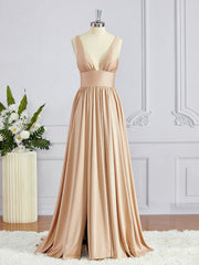 Prom Dresses Piece, A-Line/Princess V-neck Sweep Train Jersey Bridesmaid Dresses with Leg Slit