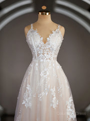 Wedding Dress Gown, A-Line/Princess V-neck Sweep Train Lace Wedding Dresses with Appliques Lace