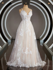 Wedding Dresses Under 308, A-Line/Princess V-neck Sweep Train Lace Wedding Dresses with Appliques Lace