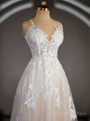Wedding Dress 2030, A-Line/Princess V-neck Sweep Train Lace Wedding Dresses with Appliques Lace