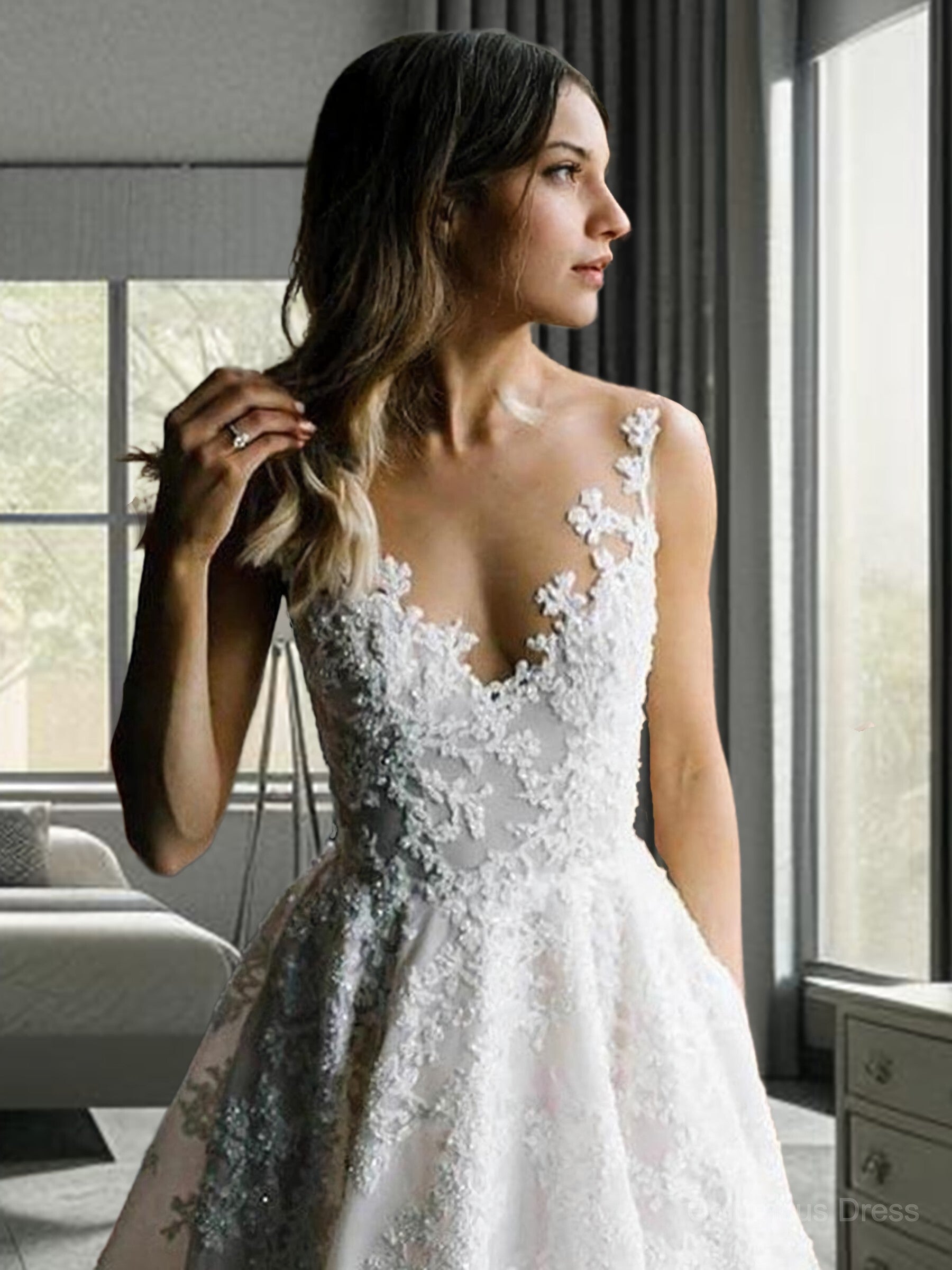 Wedding Dresses Sleeve Lace, A-Line/Princess V-neck Sweep Train Lace Wedding Dresses With Appliques Lace